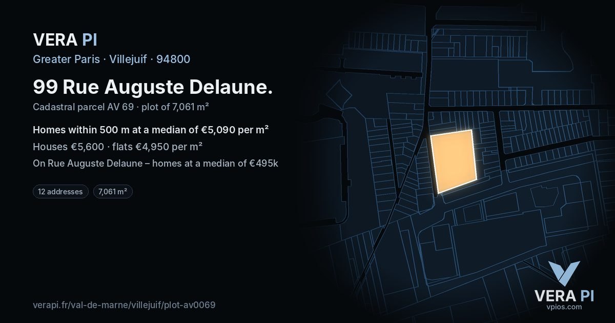 99 Rue Auguste Delaune, Villejuif at night – the plot lit, the parcels around coloured by the prices near them