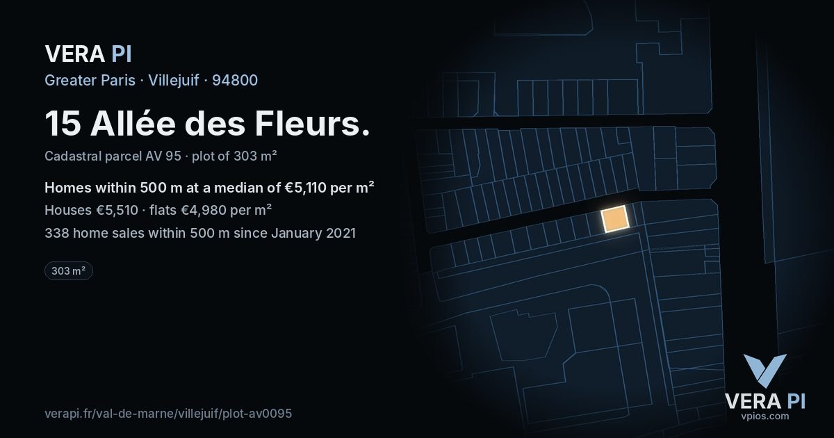 15 Allée des Fleurs, Villejuif at night – the plot lit, the parcels around coloured by the prices near them