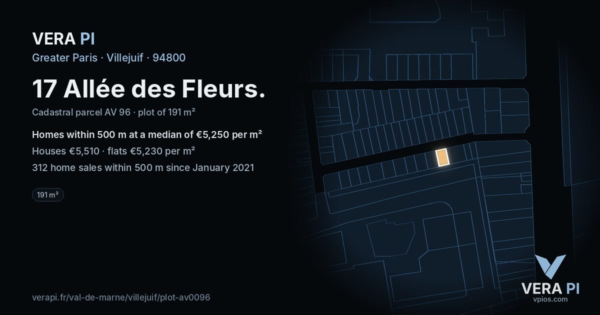 17 Allée des Fleurs, Villejuif at night – the plot lit, the parcels around coloured by the prices near them