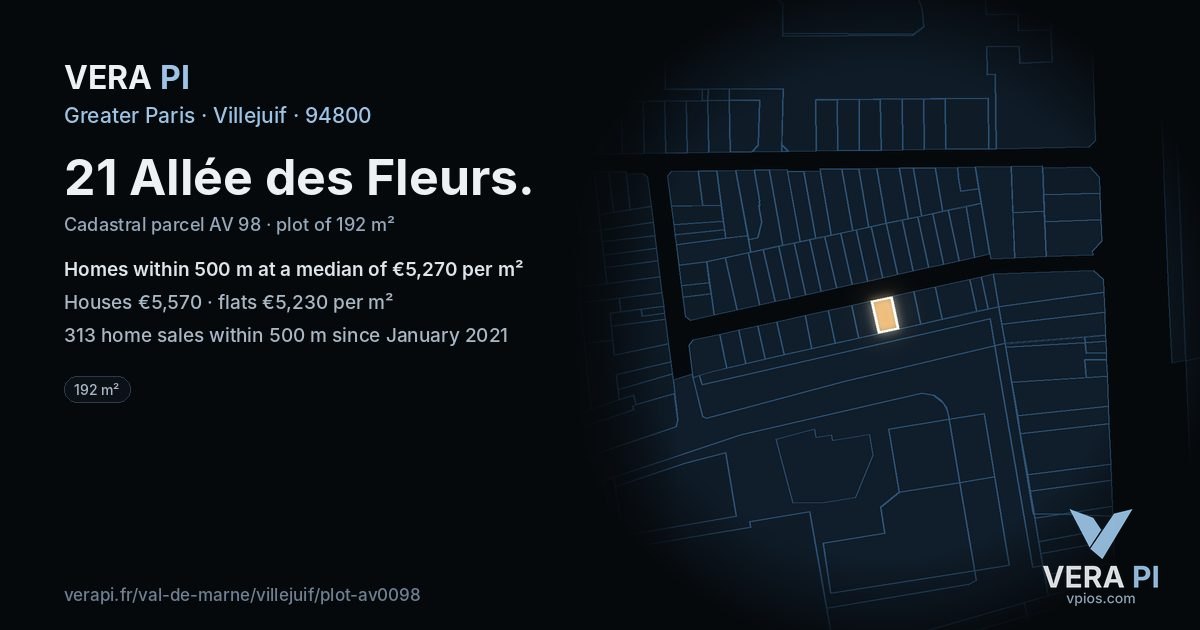 21 Allée des Fleurs, Villejuif at night – the plot lit, the parcels around coloured by the prices near them