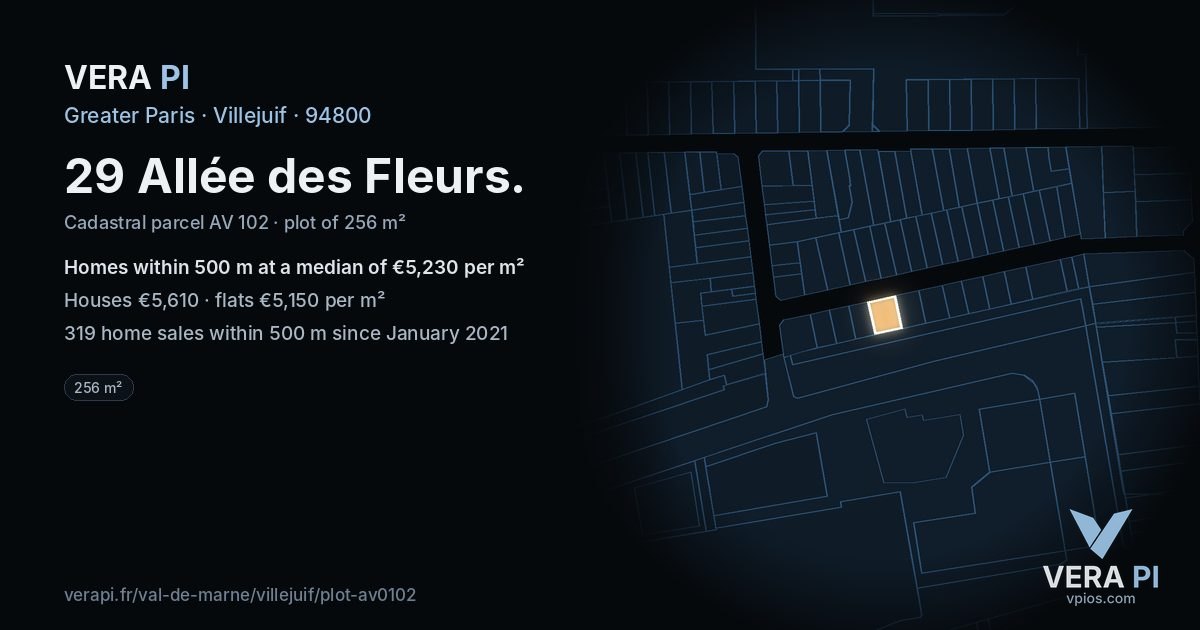 29 Allée des Fleurs, Villejuif at night – the plot lit, the parcels around coloured by the prices near them