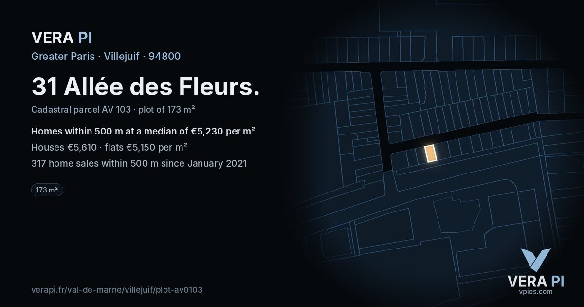 31 Allée des Fleurs, Villejuif at night – the plot lit, the parcels around coloured by the prices near them