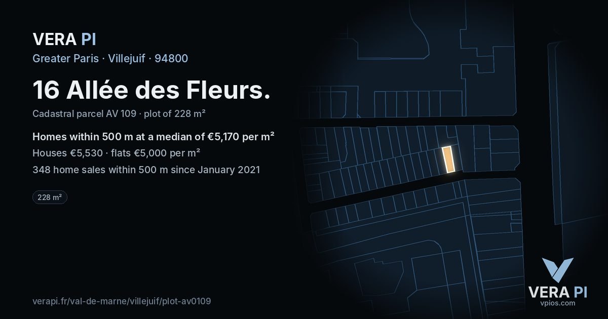 16 Allée des Fleurs, Villejuif at night – the plot lit, the parcels around coloured by the prices near them
