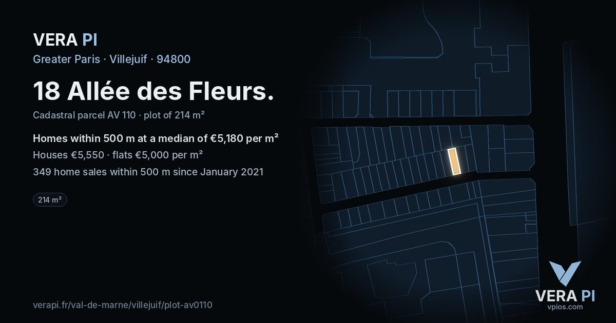 18 Allée des Fleurs, Villejuif at night – the plot lit, the parcels around coloured by the prices near them