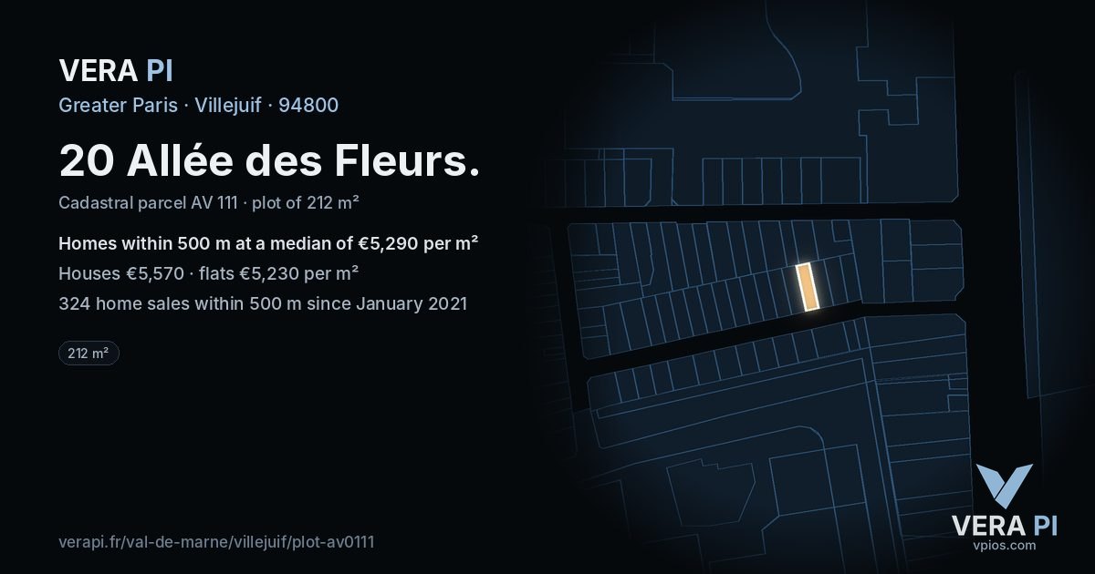 20 Allée des Fleurs, Villejuif at night – the plot lit, the parcels around coloured by the prices near them