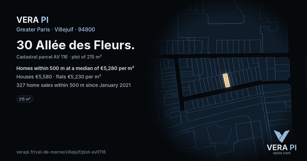 30 Allée des Fleurs, Villejuif at night – the plot lit, the parcels around coloured by the prices near them