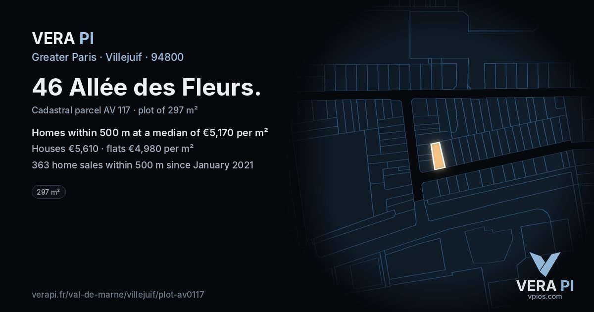 46 Allée des Fleurs, Villejuif at night – the plot lit, the parcels around coloured by the prices near them