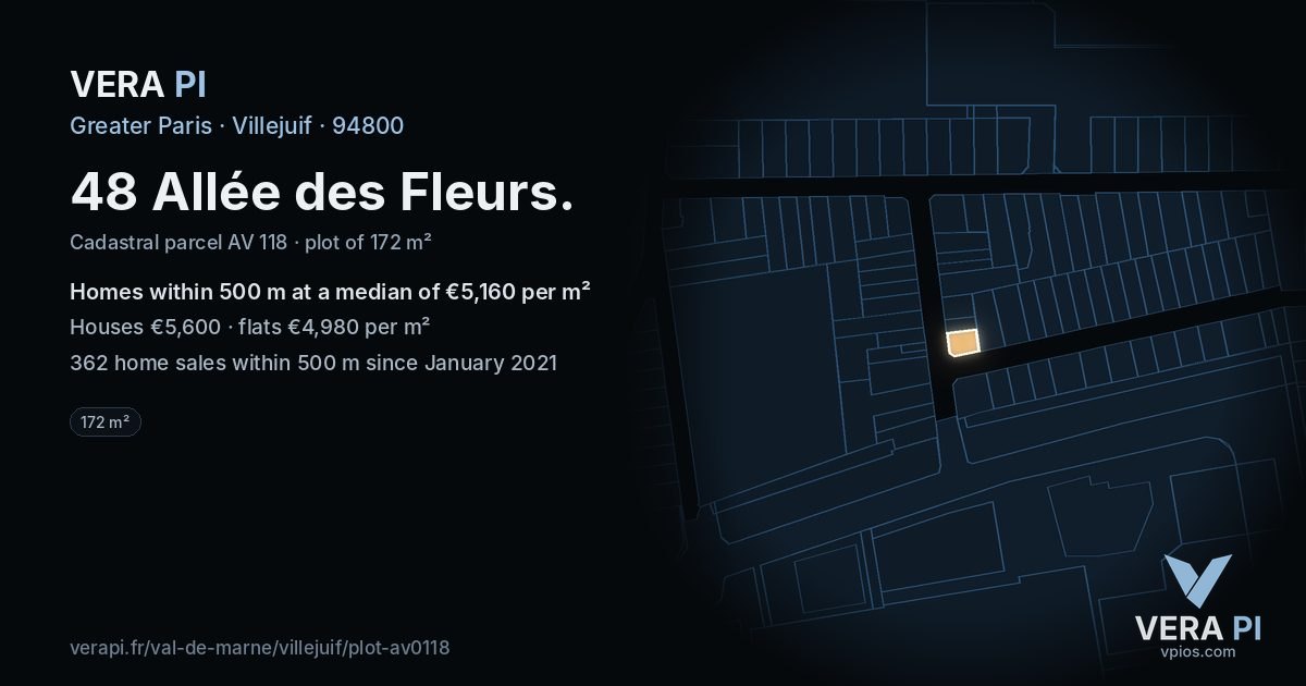 48 Allée des Fleurs, Villejuif at night – the plot lit, the parcels around coloured by the prices near them