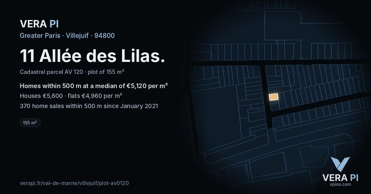 11 Allée des Lilas, Villejuif at night – the plot lit, the parcels around coloured by the prices near them