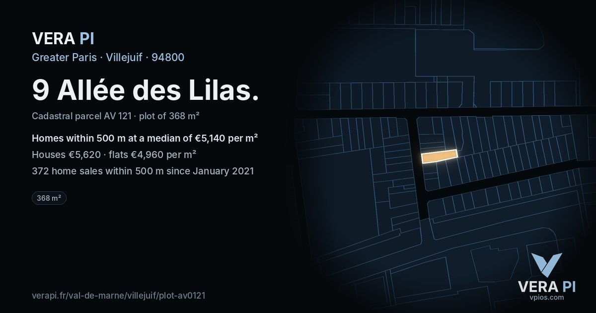 9 Allée des Lilas, Villejuif at night – the plot lit, the parcels around coloured by the prices near them