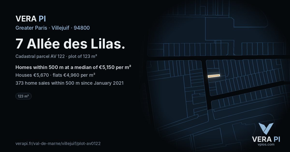 7 Allée des Lilas, Villejuif at night – the plot lit, the parcels around coloured by the prices near them