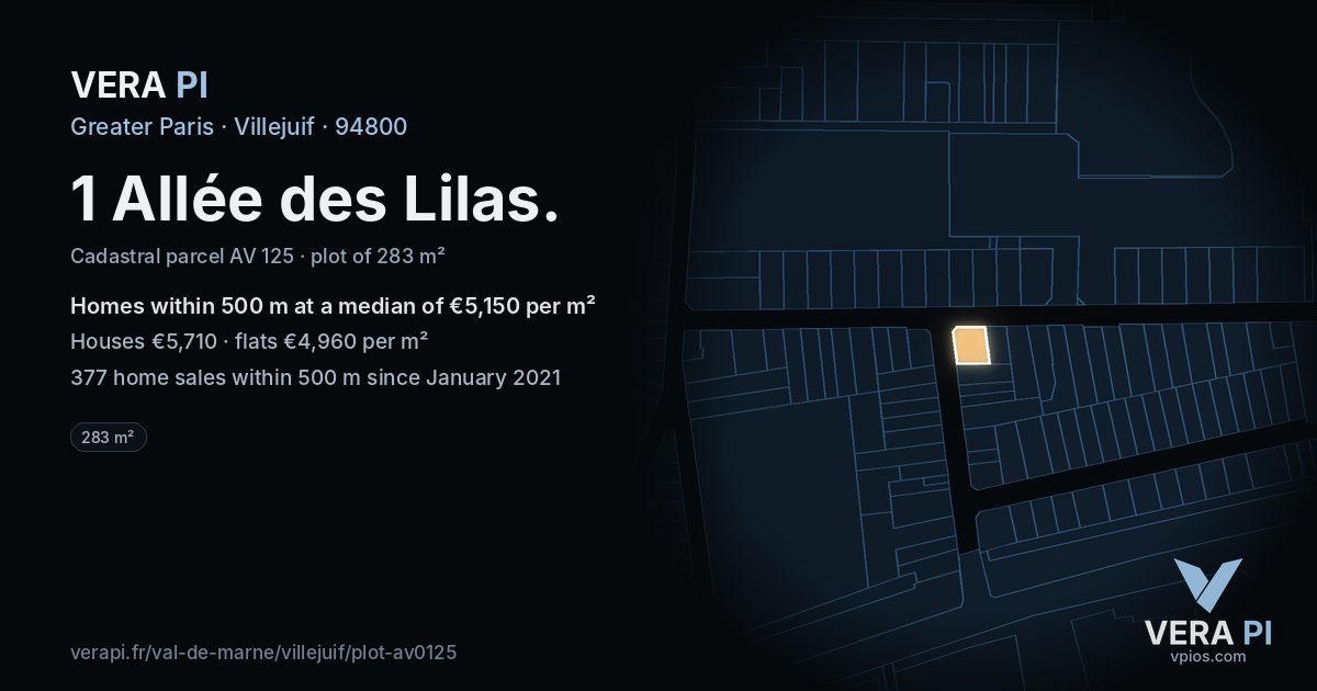 1 Allée des Lilas, Villejuif at night – the plot lit, the parcels around coloured by the prices near them