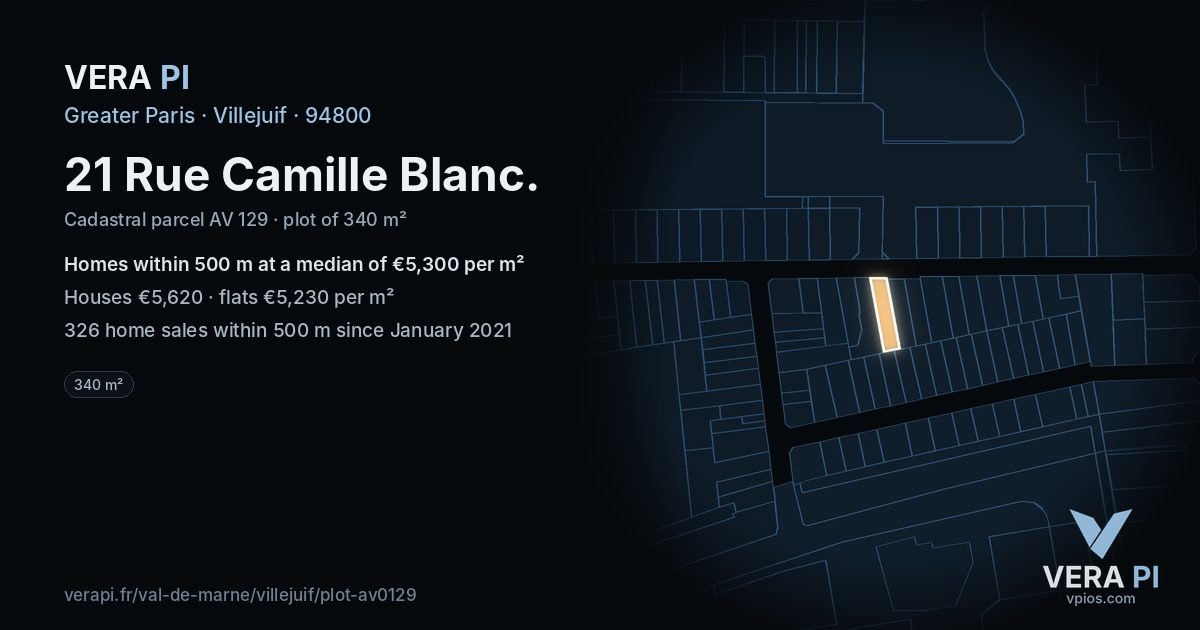 21 Rue Camille Blanc, Villejuif at night – the plot lit, the parcels around coloured by the prices near them