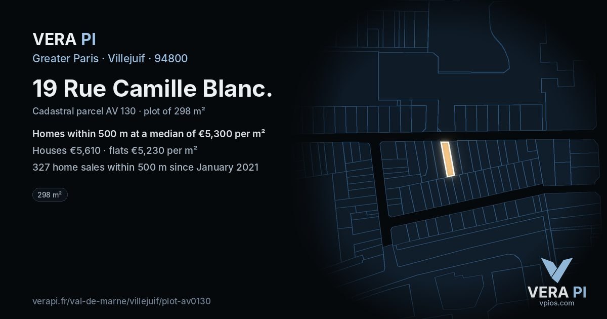 19 Rue Camille Blanc, Villejuif at night – the plot lit, the parcels around coloured by the prices near them