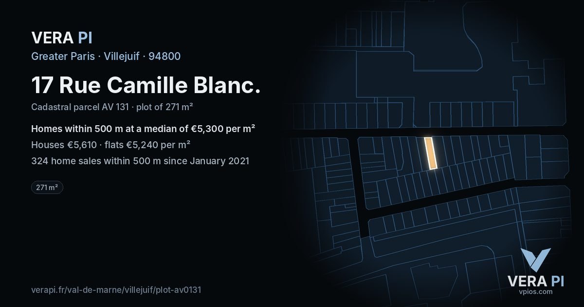 17 Rue Camille Blanc, Villejuif at night – the plot lit, the parcels around coloured by the prices near them