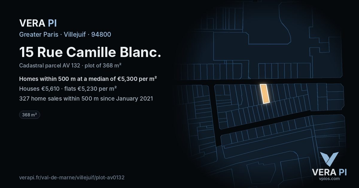15 Rue Camille Blanc, Villejuif at night – the plot lit, the parcels around coloured by the prices near them