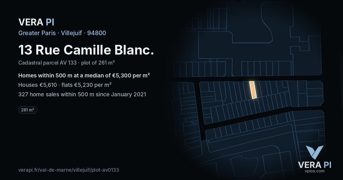 13 Rue Camille Blanc, Villejuif at night – the plot lit, the parcels around coloured by the prices near them