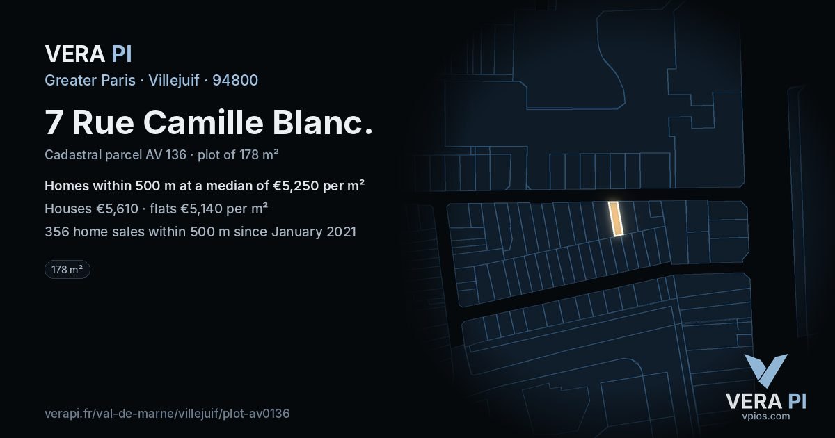 7 Rue Camille Blanc, Villejuif at night – the plot lit, the parcels around coloured by the prices near them