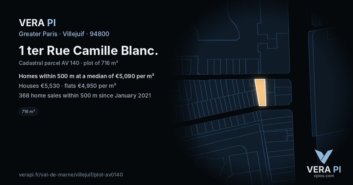 1 ter Rue Camille Blanc, Villejuif at night – the plot lit, the parcels around coloured by the prices near them
