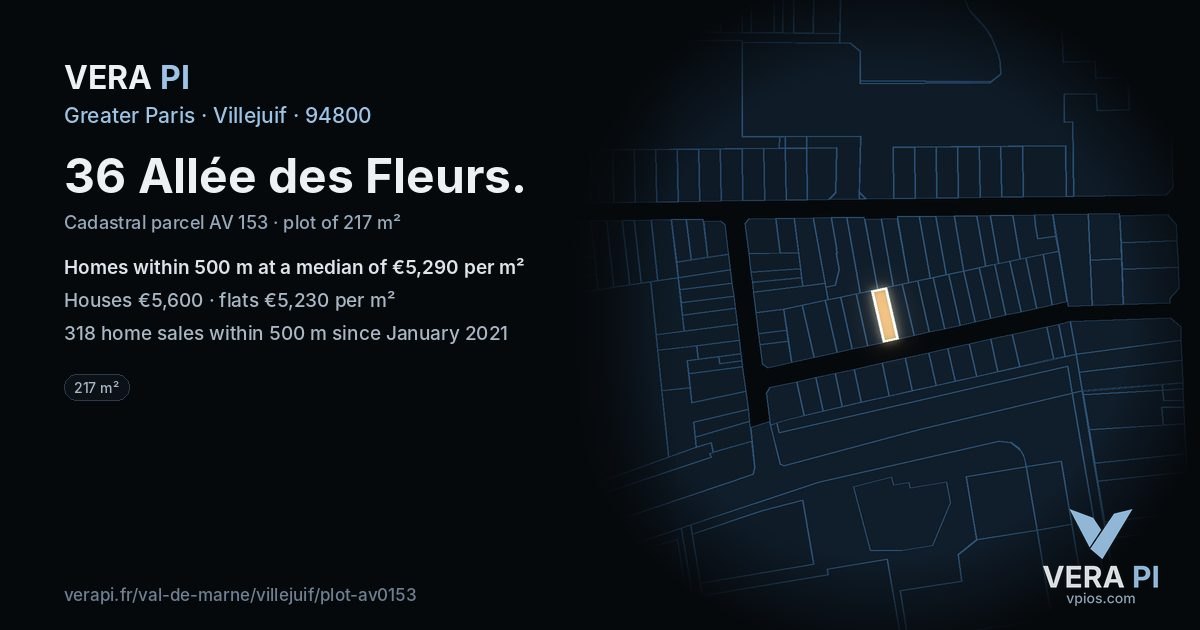 36 Allée des Fleurs, Villejuif at night – the plot lit, the parcels around coloured by the prices near them