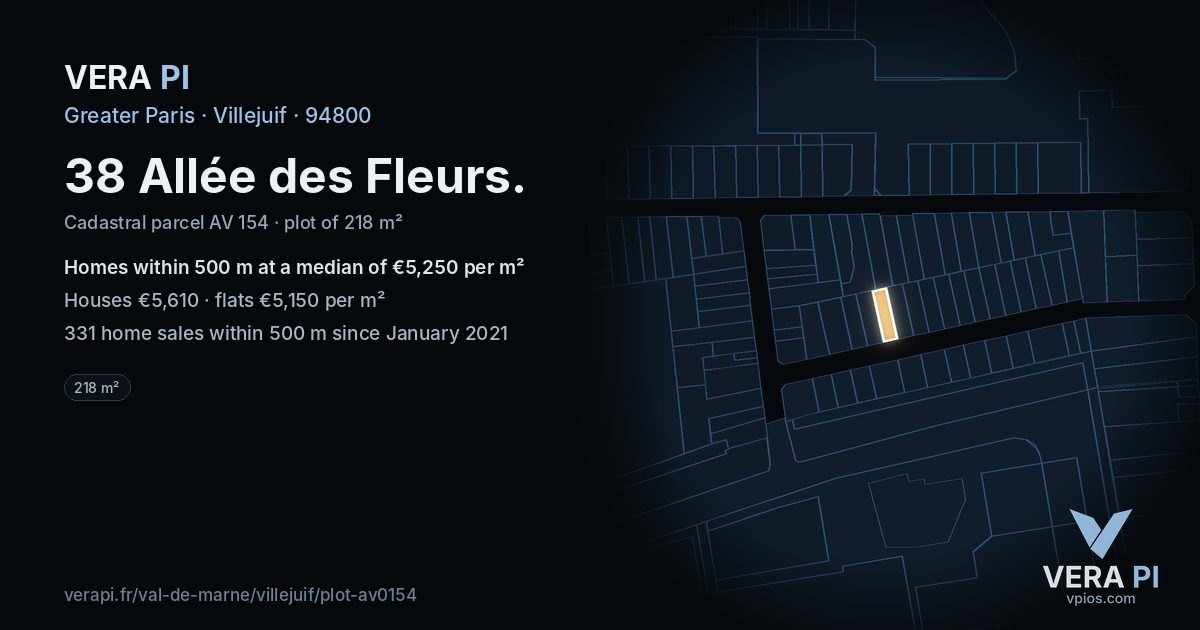 38 Allée des Fleurs, Villejuif at night – the plot lit, the parcels around coloured by the prices near them