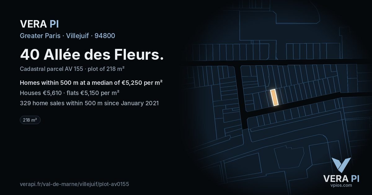 40 Allée des Fleurs, Villejuif at night – the plot lit, the parcels around coloured by the prices near them