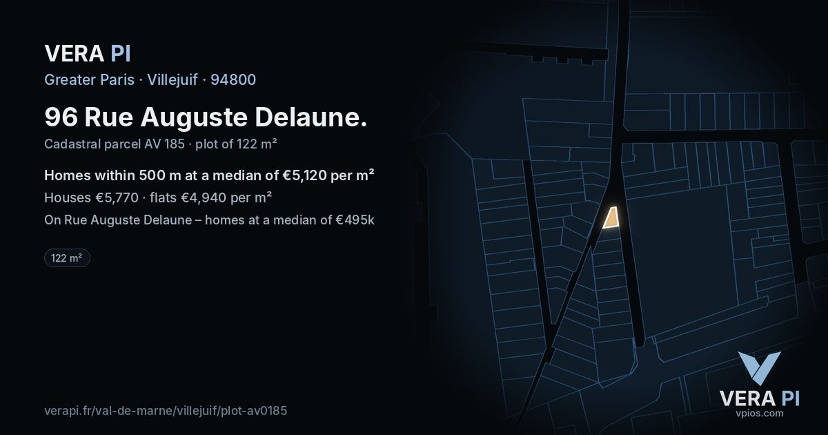96 Rue Auguste Delaune, Villejuif at night – the plot lit, the parcels around coloured by the prices near them