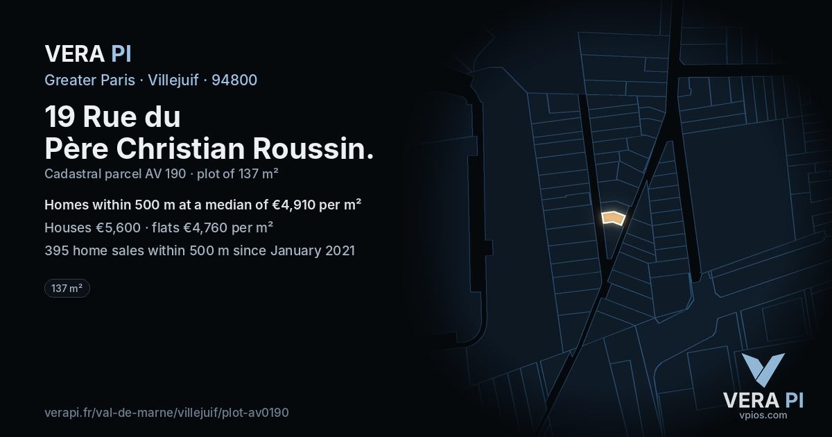 19 Rue du Père Christian Roussin, Villejuif at night – the plot lit, the parcels around coloured by the prices near them