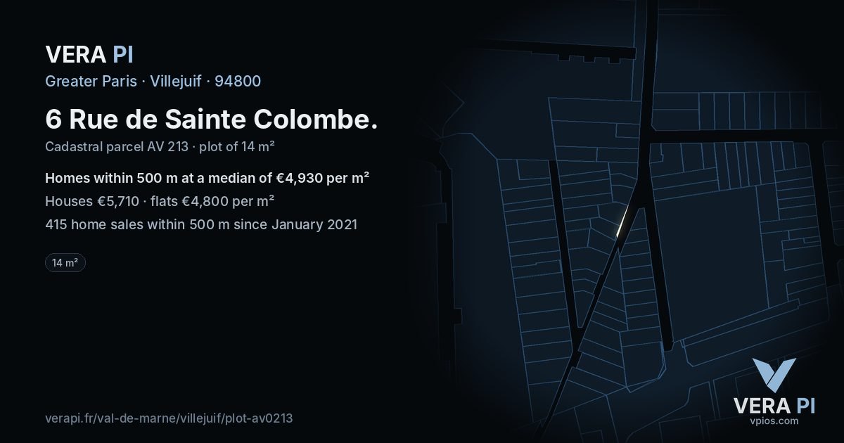 6 Rue de Sainte Colombe, Villejuif at night – the plot lit, the parcels around coloured by the prices near them
