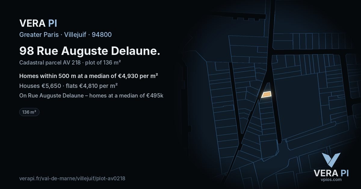 98 Rue Auguste Delaune, Villejuif at night – the plot lit, the parcels around coloured by the prices near them