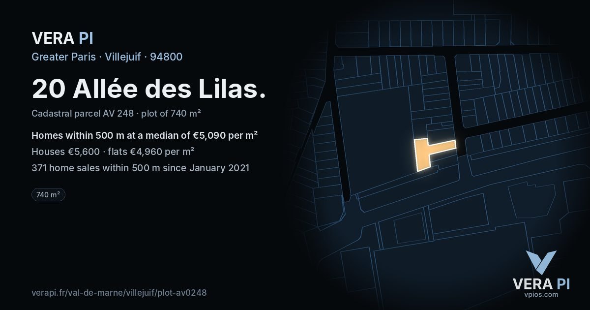 20 Allée des Lilas, Villejuif at night – the plot lit, the parcels around coloured by the prices near them