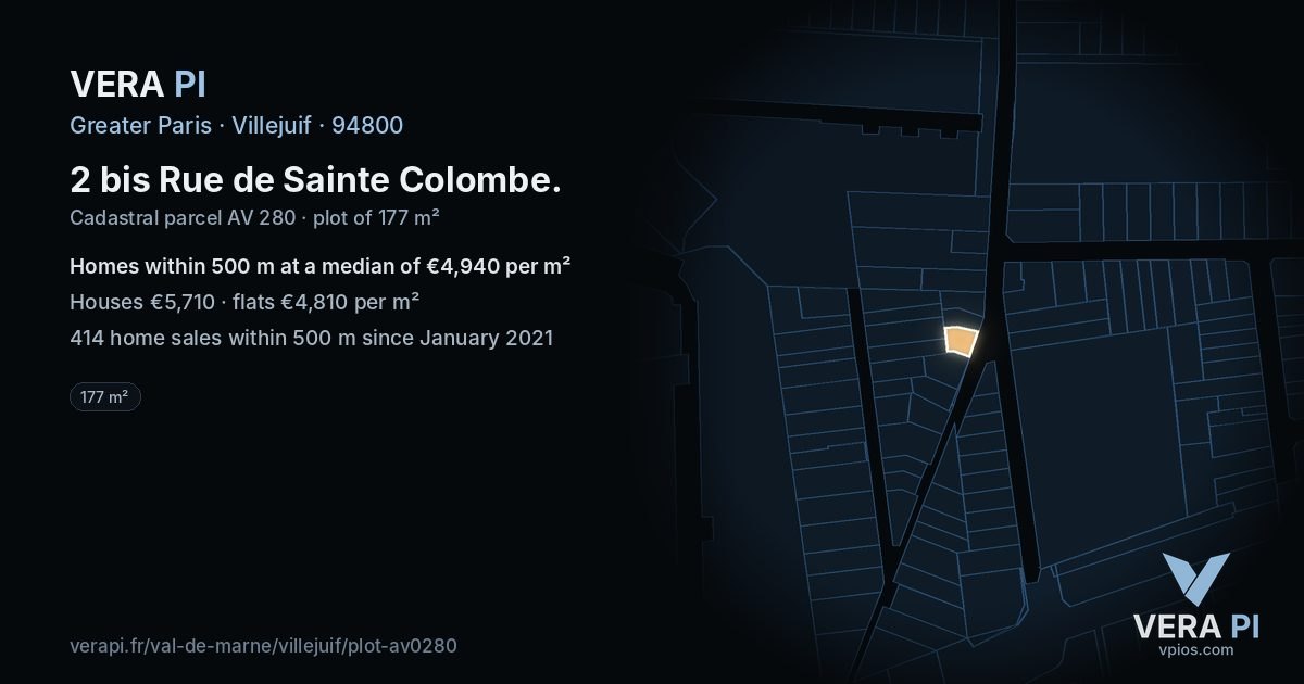 2 bis Rue de Sainte Colombe, Villejuif at night – the plot lit, the parcels around coloured by the prices near them
