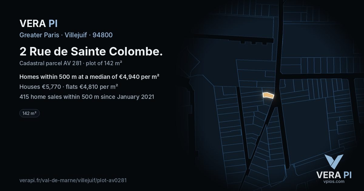 2 Rue de Sainte Colombe, Villejuif at night – the plot lit, the parcels around coloured by the prices near them