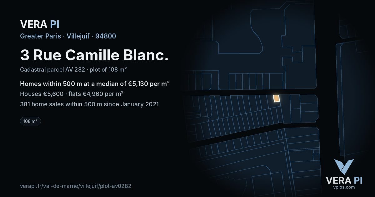 3 Rue Camille Blanc, Villejuif at night – the plot lit, the parcels around coloured by the prices near them