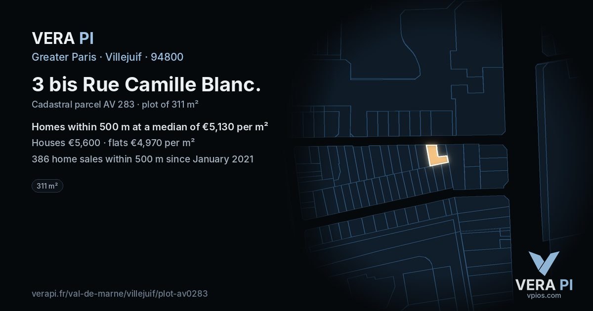 3 bis Rue Camille Blanc, Villejuif at night – the plot lit, the parcels around coloured by the prices near them