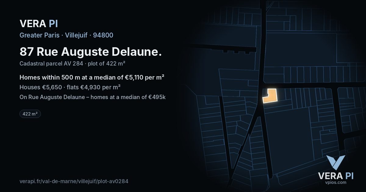 87 Rue Auguste Delaune, Villejuif at night – the plot lit, the parcels around coloured by the prices near them