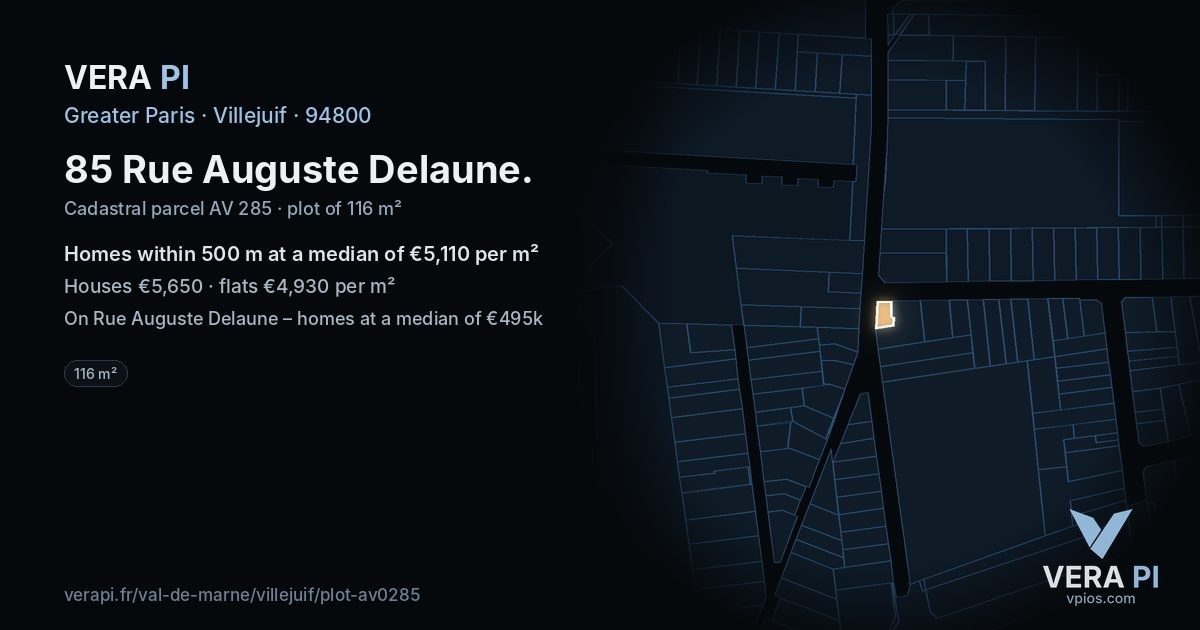 85 Rue Auguste Delaune, Villejuif at night – the plot lit, the parcels around coloured by the prices near them