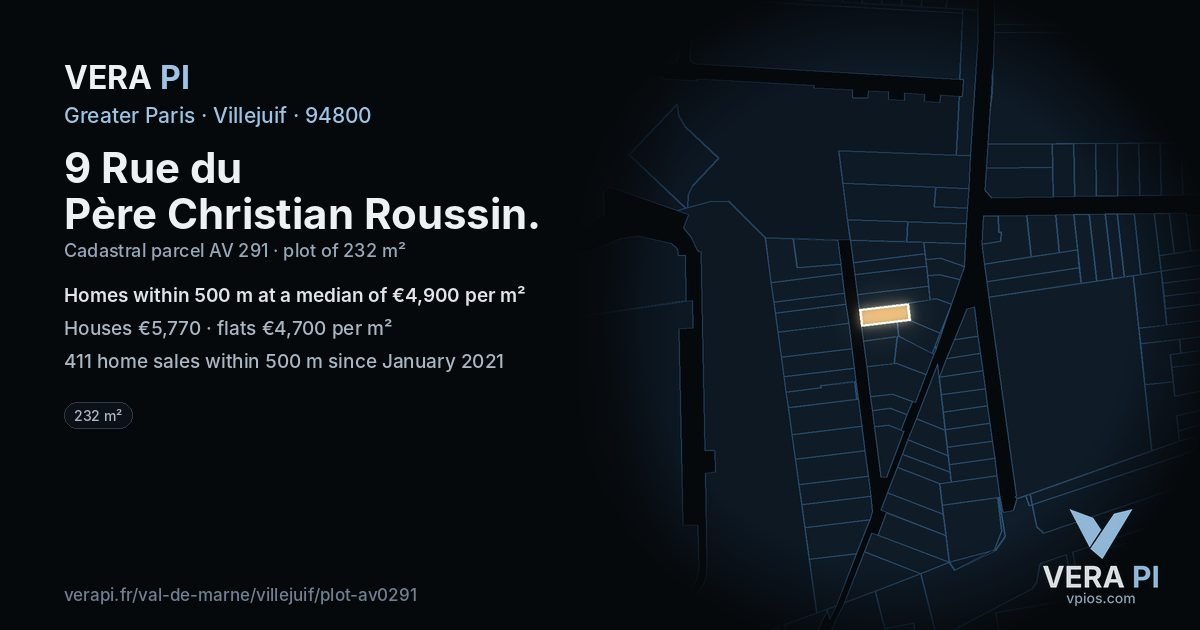9 Rue du Père Christian Roussin, Villejuif at night – the plot lit, the parcels around coloured by the prices near them