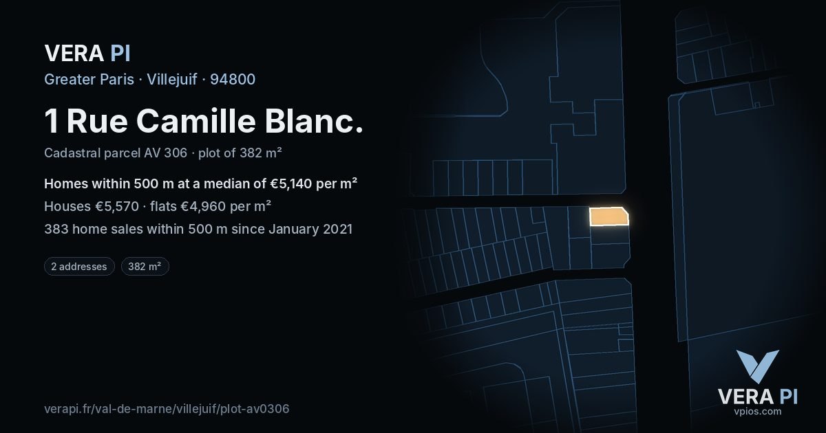 1 Rue Camille Blanc, Villejuif at night – the plot lit, the parcels around coloured by the prices near them