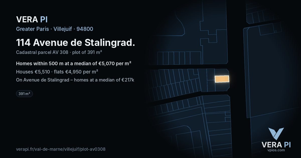 114 Avenue de Stalingrad, Villejuif at night – the plot lit, the parcels around coloured by the prices near them