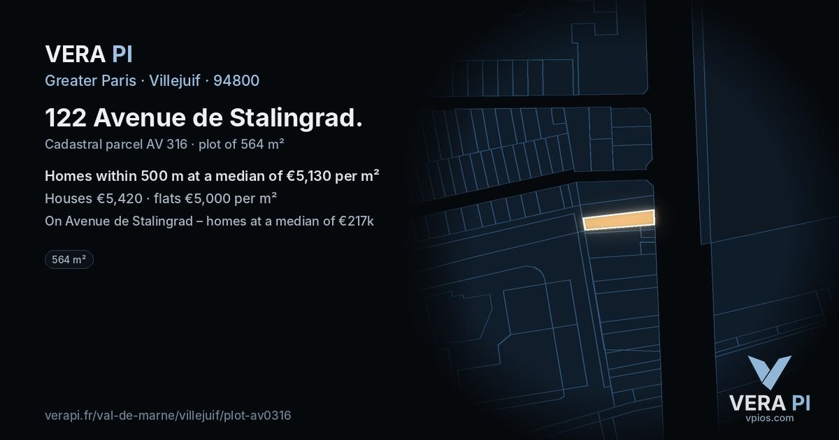 122 Avenue de Stalingrad, Villejuif at night – the plot lit, the parcels around coloured by the prices near them