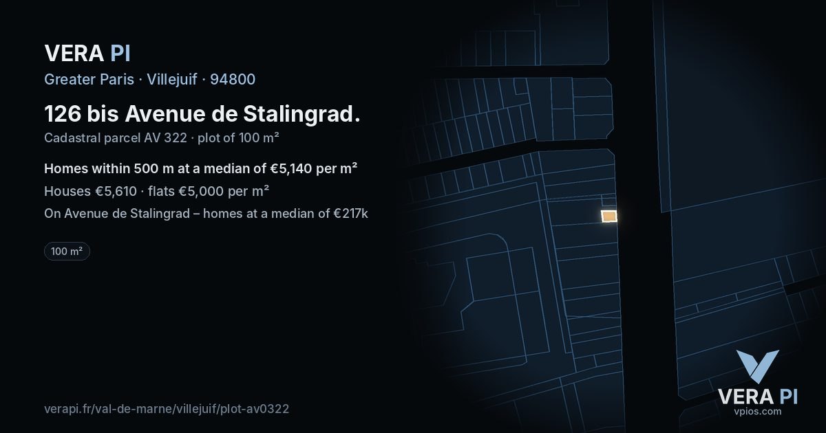 126 bis Avenue de Stalingrad, Villejuif at night – the plot lit, the parcels around coloured by the prices near them