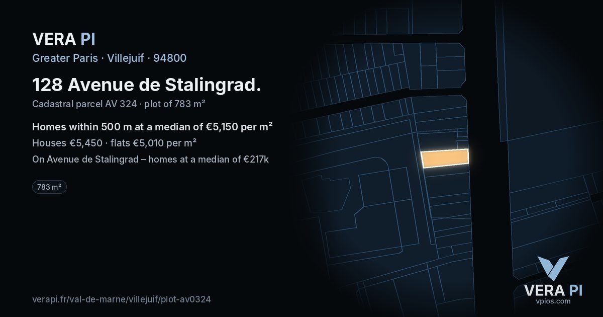 128 Avenue de Stalingrad, Villejuif at night – the plot lit, the parcels around coloured by the prices near them