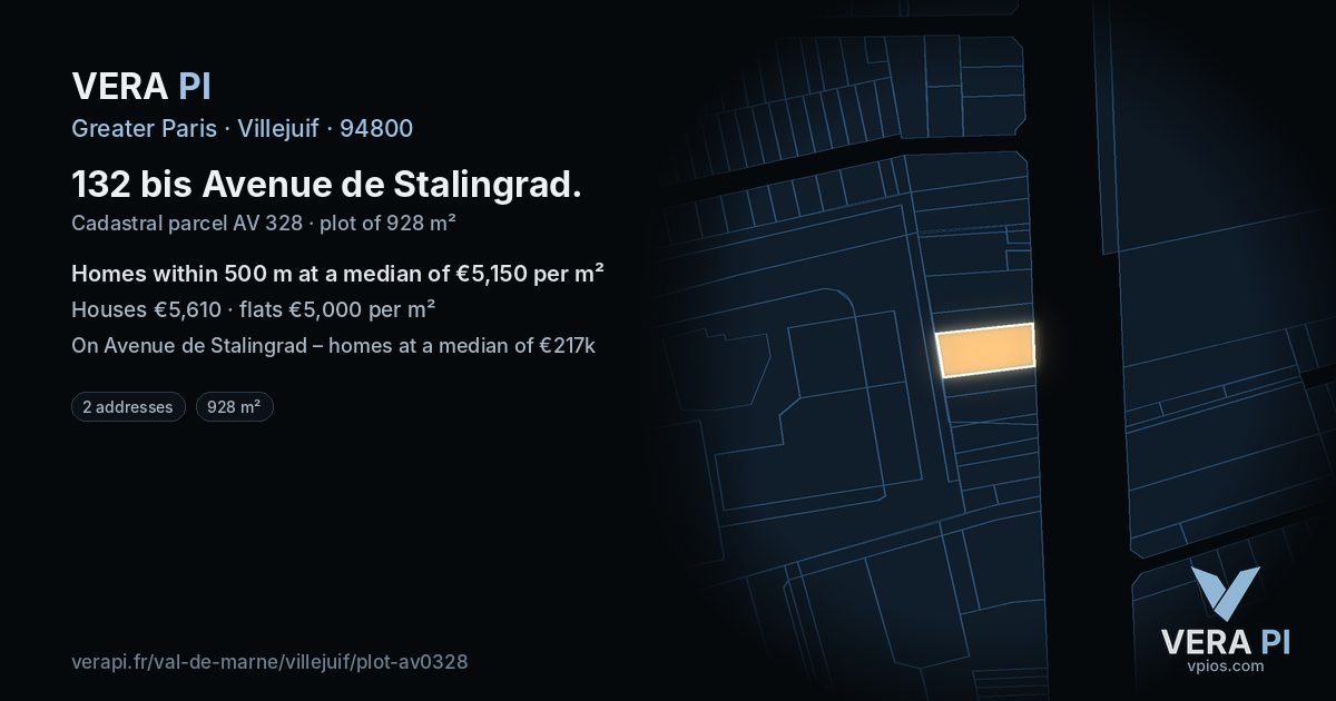 132 bis Avenue de Stalingrad, Villejuif at night – the plot lit, the parcels around coloured by the prices near them