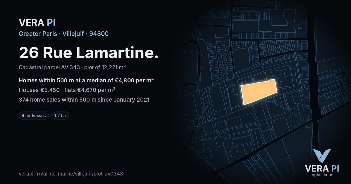 26 Rue Lamartine, Villejuif at night – the plot lit, the parcels around coloured by the prices near them