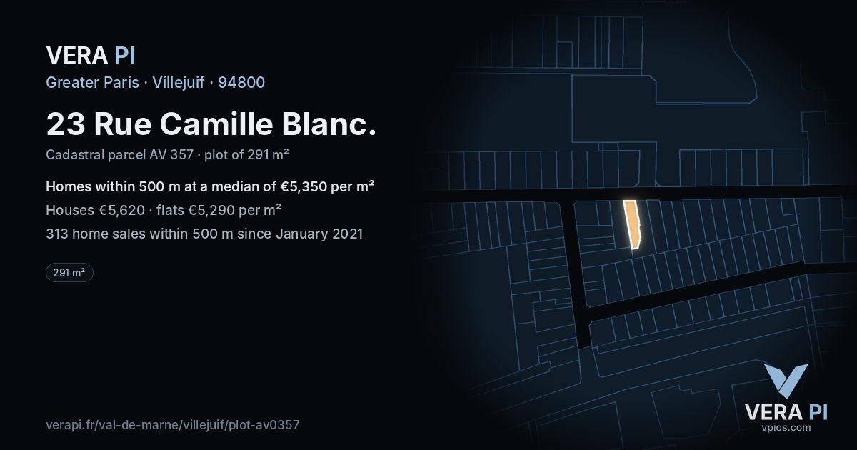 23 Rue Camille Blanc, Villejuif at night – the plot lit, the parcels around coloured by the prices near them