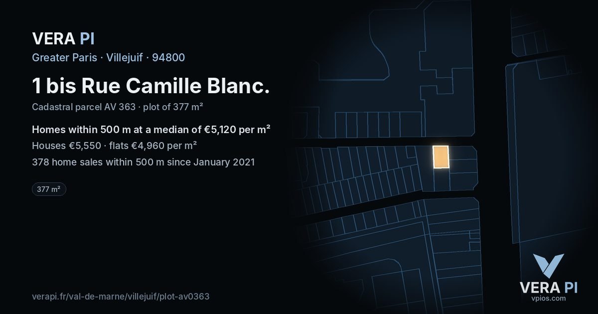 1 bis Rue Camille Blanc, Villejuif at night – the plot lit, the parcels around coloured by the prices near them