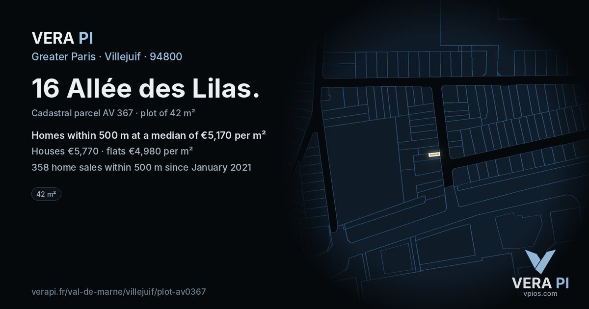 16 Allée des Lilas, Villejuif at night – the plot lit, the parcels around coloured by the prices near them