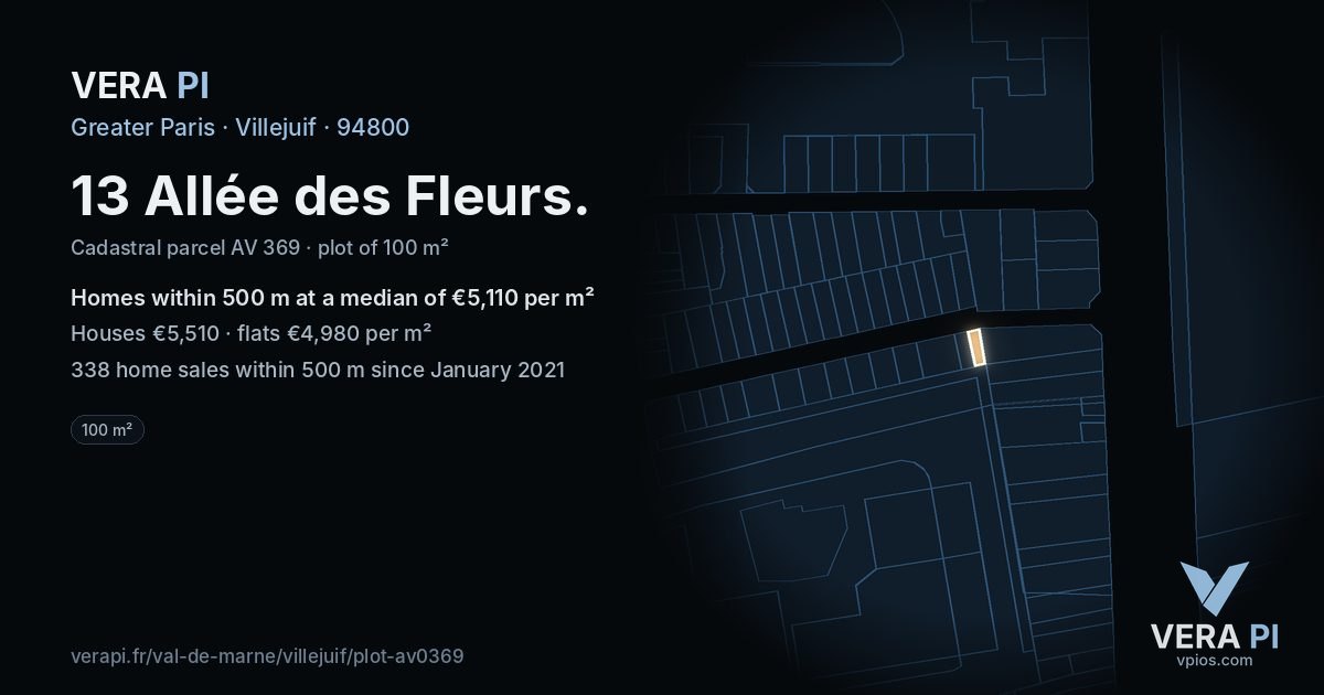 13 Allée des Fleurs, Villejuif at night – the plot lit, the parcels around coloured by the prices near them