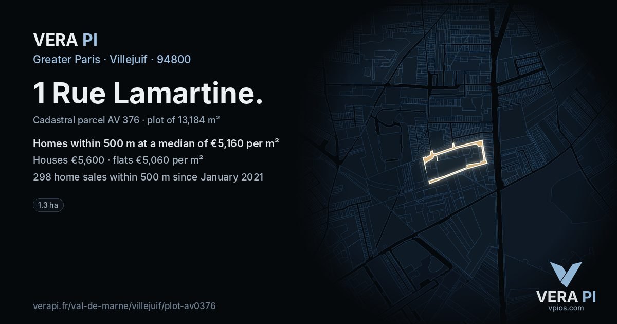 1 Rue Lamartine, Villejuif at night – the plot lit, the parcels around coloured by the prices near them